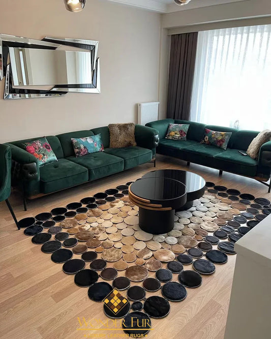 Unique Luxury Design Tricolor Cowhide Patchwork Rug for Living Room Decor, Handmade Genuine Cowhide Rug