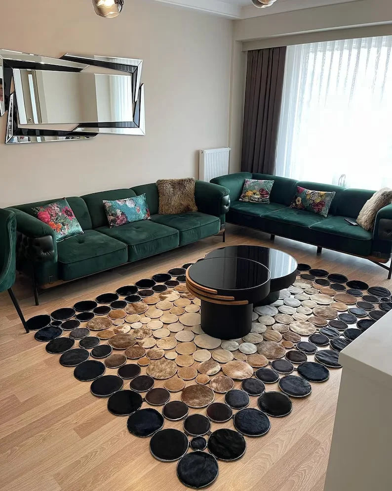 Unique Luxury Design Tricolor Cowhide Patchwork Rug for Living Room Decor, Handmade Genuine Cowhide Rug