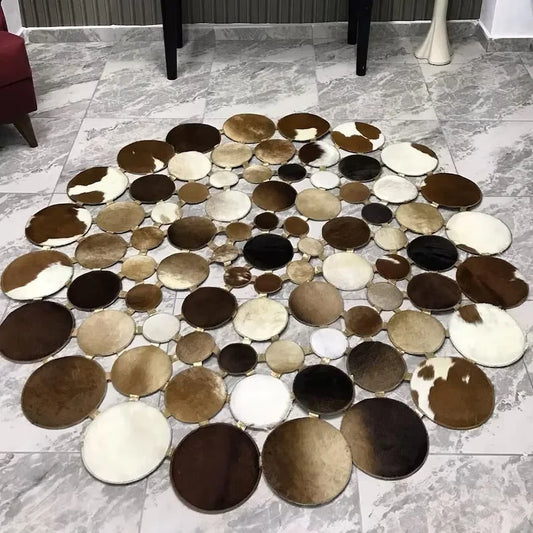 Unique Multicolor Cowhide Patchwork Rug, Natural Handmade Round Rug for Home Decor