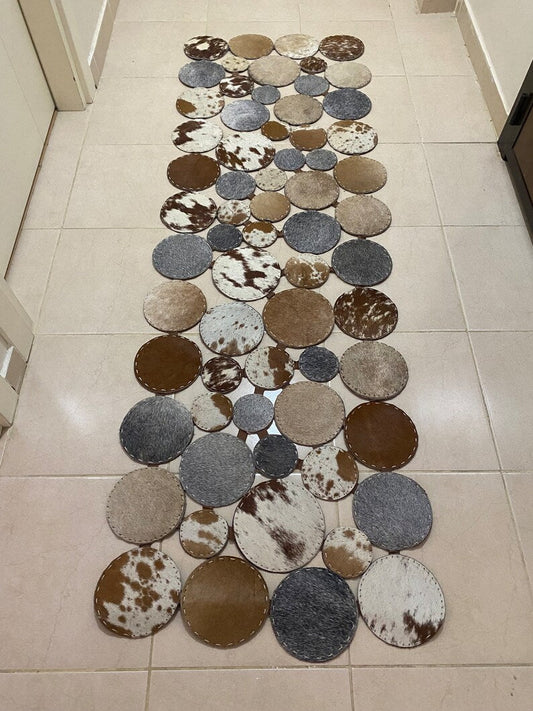 Unique Multicolor Natural Leather Carpet, Handmade Cowhide Runner Patchwork Rug
