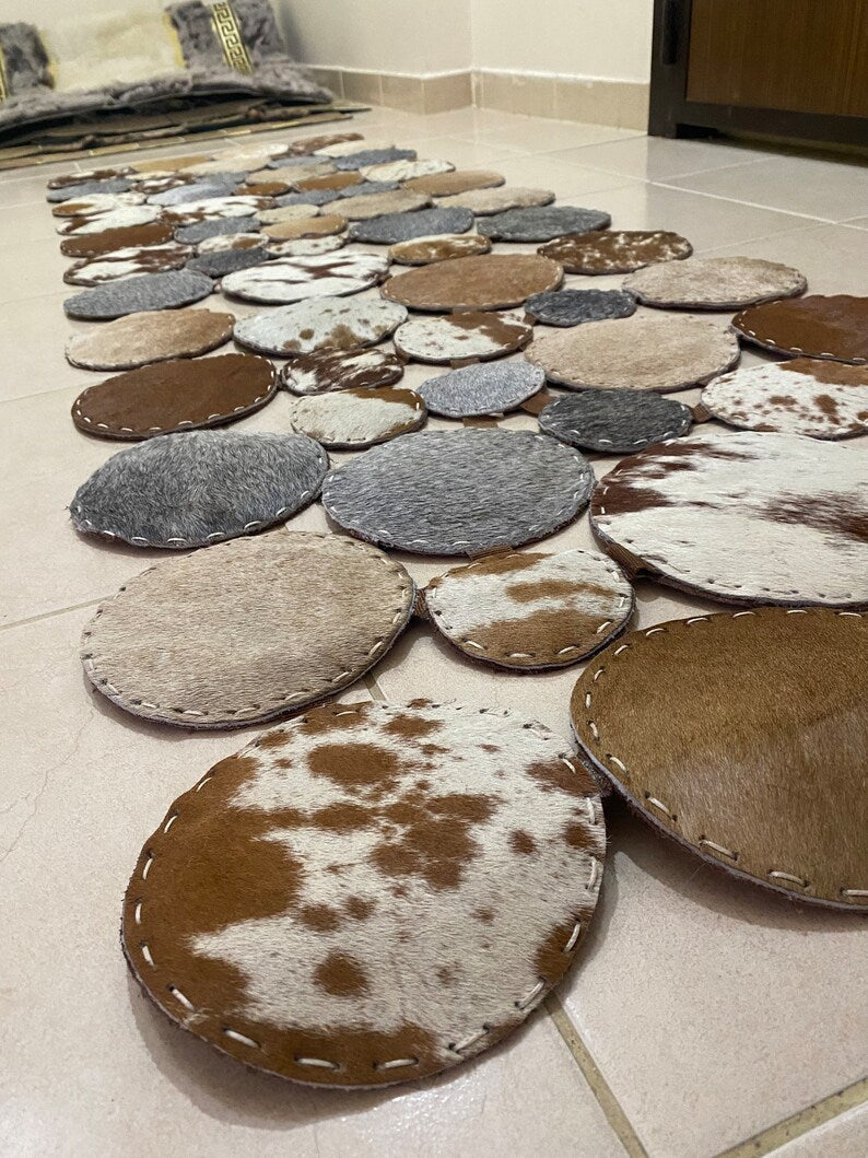 Unique Multicolor Natural Leather Carpet, Handmade Cowhide Runner Patchwork Rug
