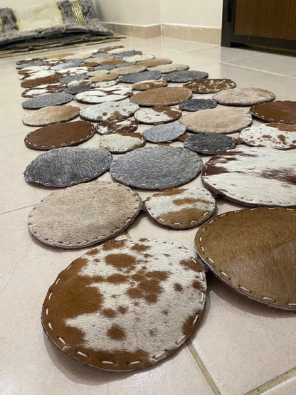 Unique Multicolor Natural Leather Carpet, Handmade Cowhide Runner Patchwork Rug