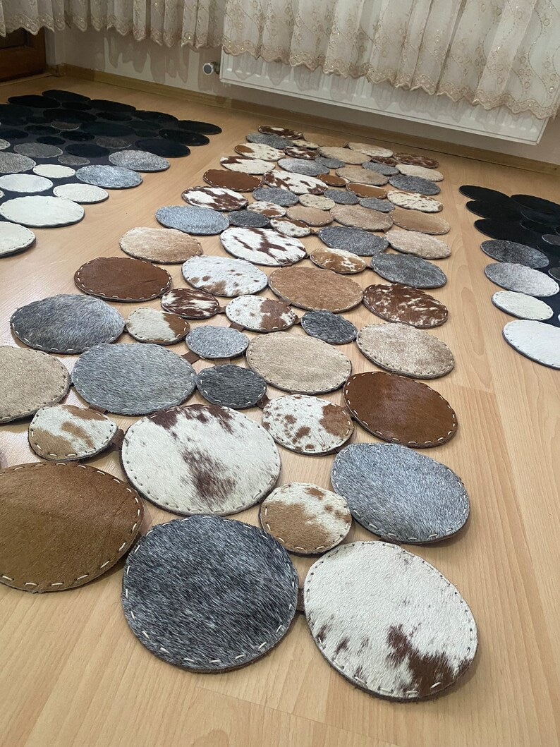 Unique Multicolor Natural Leather Carpet, Handmade Cowhide Runner Patchwork Rug