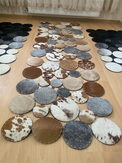 Unique Multicolor Natural Leather Carpet, Handmade Cowhide Runner Patchwork Rug