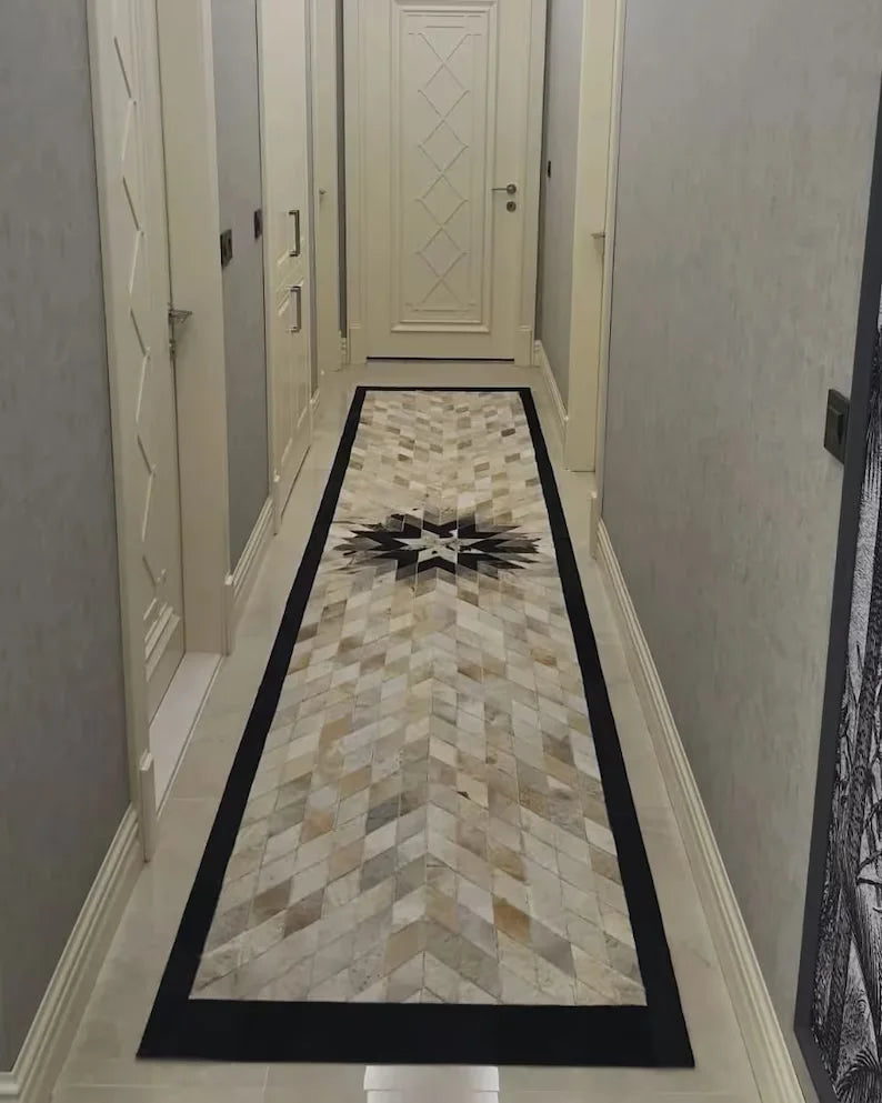 Unique Natural Leather Geometric Runner Rug for Hallway, Cowhide Patchwork Rug