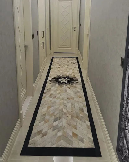 Unique Natural Leather Geometric Runner Rug for Hallway, Cowhide Patchwork Rug