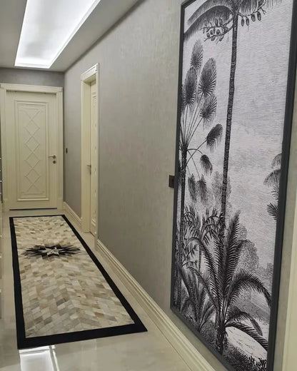 Unique Natural Leather Geometric Runner Rug for Hallway, Cowhide Patchwork Rug