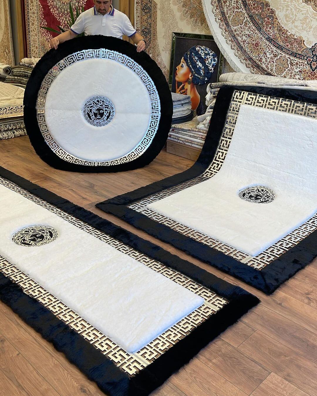 Unique Plush Area White Black Silver Soft Rug, Faux Fur Living Room Rug