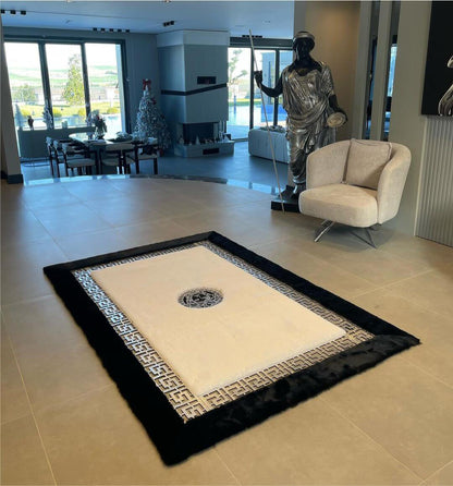 Unique Plush Area White Black Silver Soft Rug, Faux Fur Living Room Rug