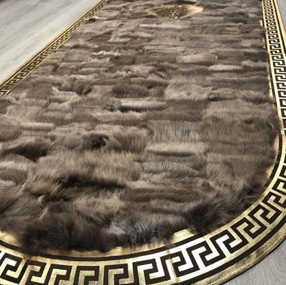 Unique Natural Sheepskin Runner Rug, Handmade Fluffy Oval Rug