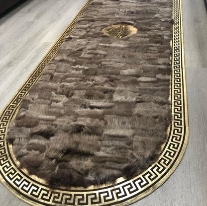 Unique Natural Sheepskin Runner Rug, Handmade Fluffy Oval Rug