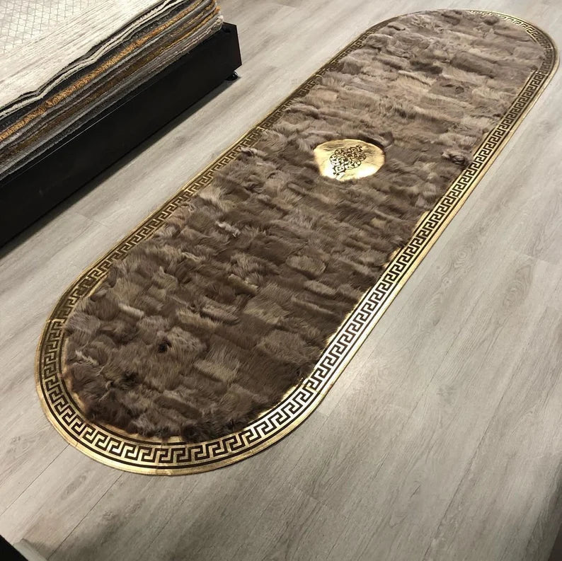 Unique Natural Sheepskin Runner Rug, Handmade Fluffy Oval Rug