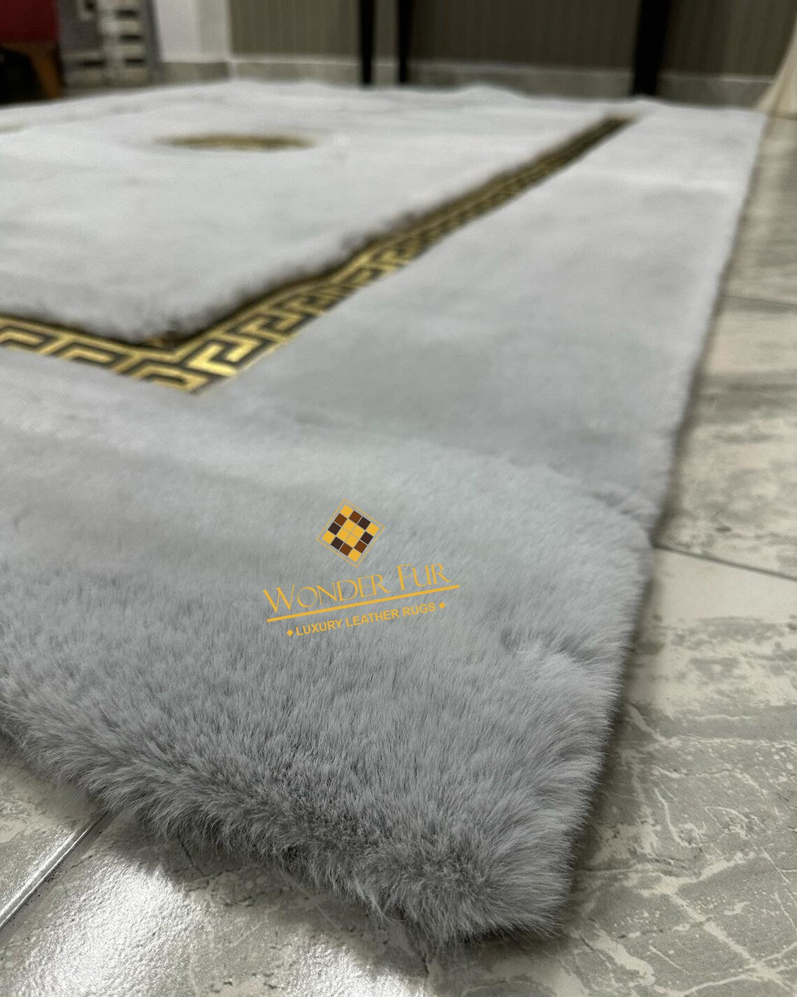 Unique Soft Plush Handmade White And Gold Faux Fur Elegant Bedroom Rug