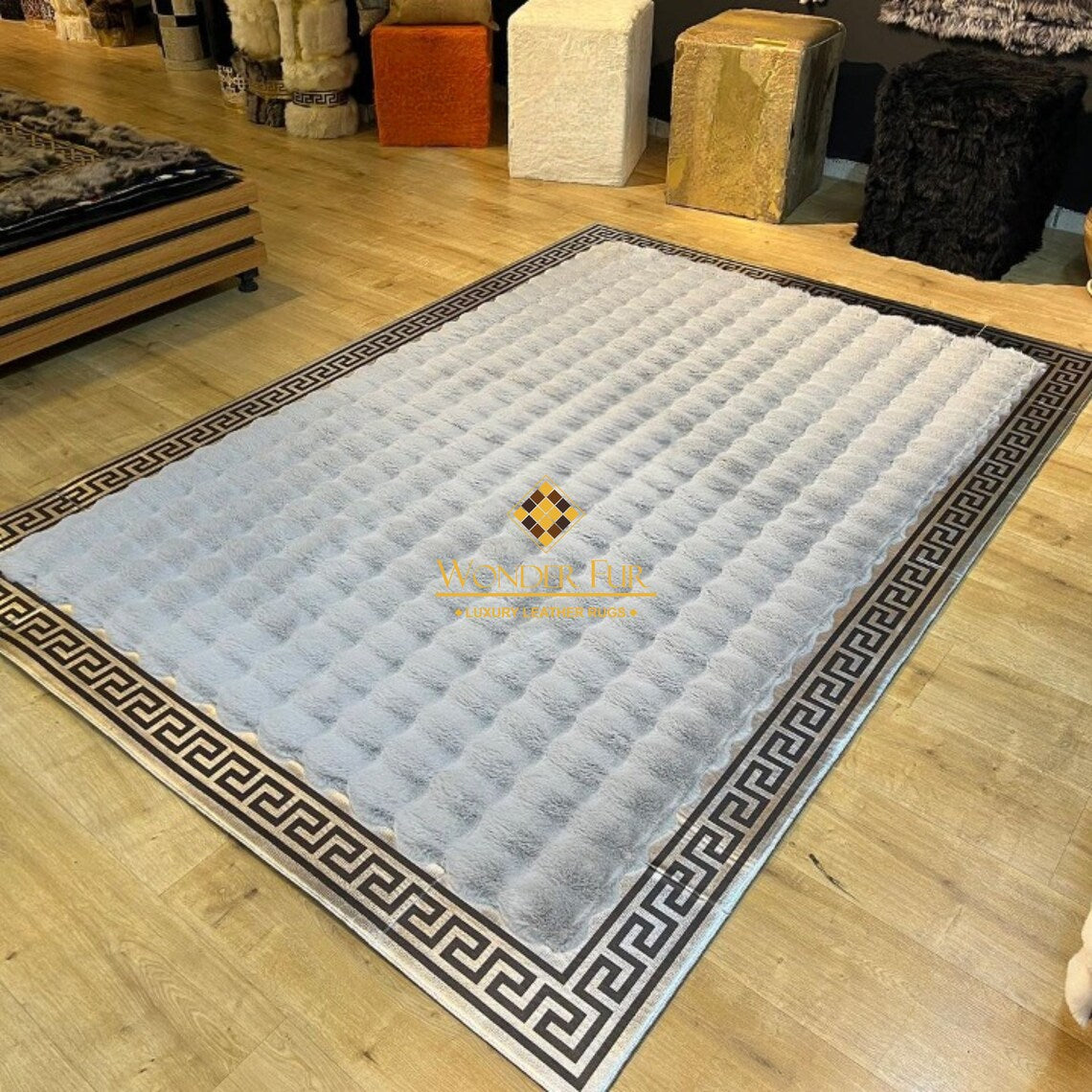 Unique Soft White Gray Faux Fur Large Living Room Rug , Handmade Rug