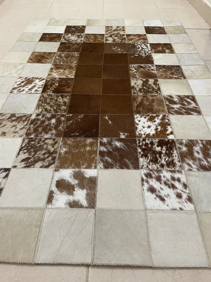 Unique Tricolor Handmade Cow Skin Carpet for Home Decor, 100% Natural Cowhide Runner Rug for Hallway