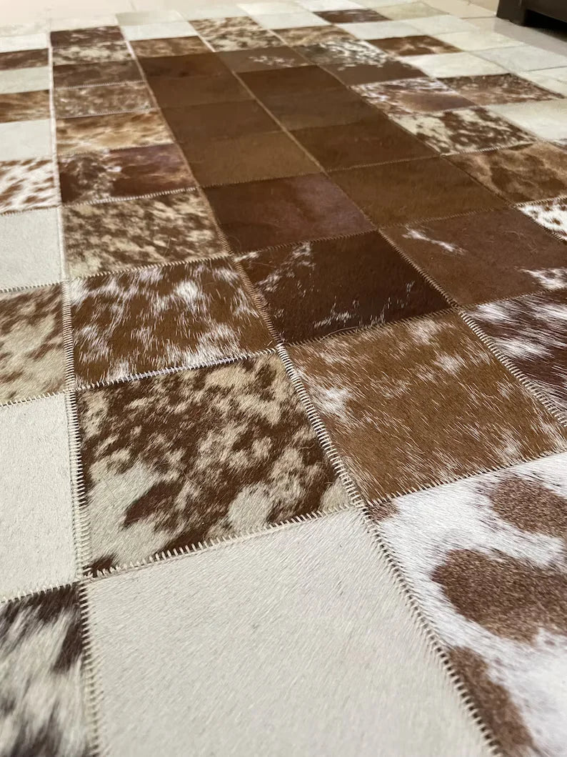 Unique Tricolor Handmade Cow Skin Carpet for Home Decor, 100% Natural Cowhide Runner Rug for Hallway