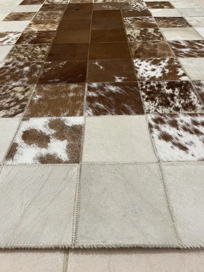 Unique Tricolor Handmade Cow Skin Carpet for Home Decor, 100% Natural Cowhide Runner Rug for Hallway