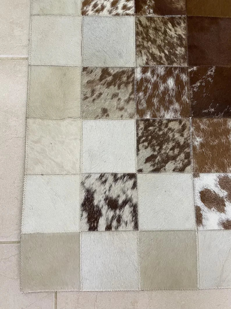 Unique Tricolor Handmade Cow Skin Carpet for Home Decor, 100% Natural Cowhide Runner Rug for Hallway