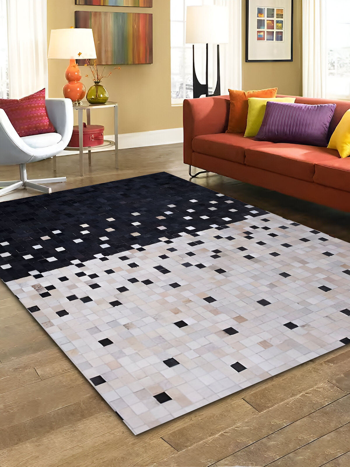 Unique White Black Cowhide Patchwork Rug, Handmade Cow Skin Area Carpet