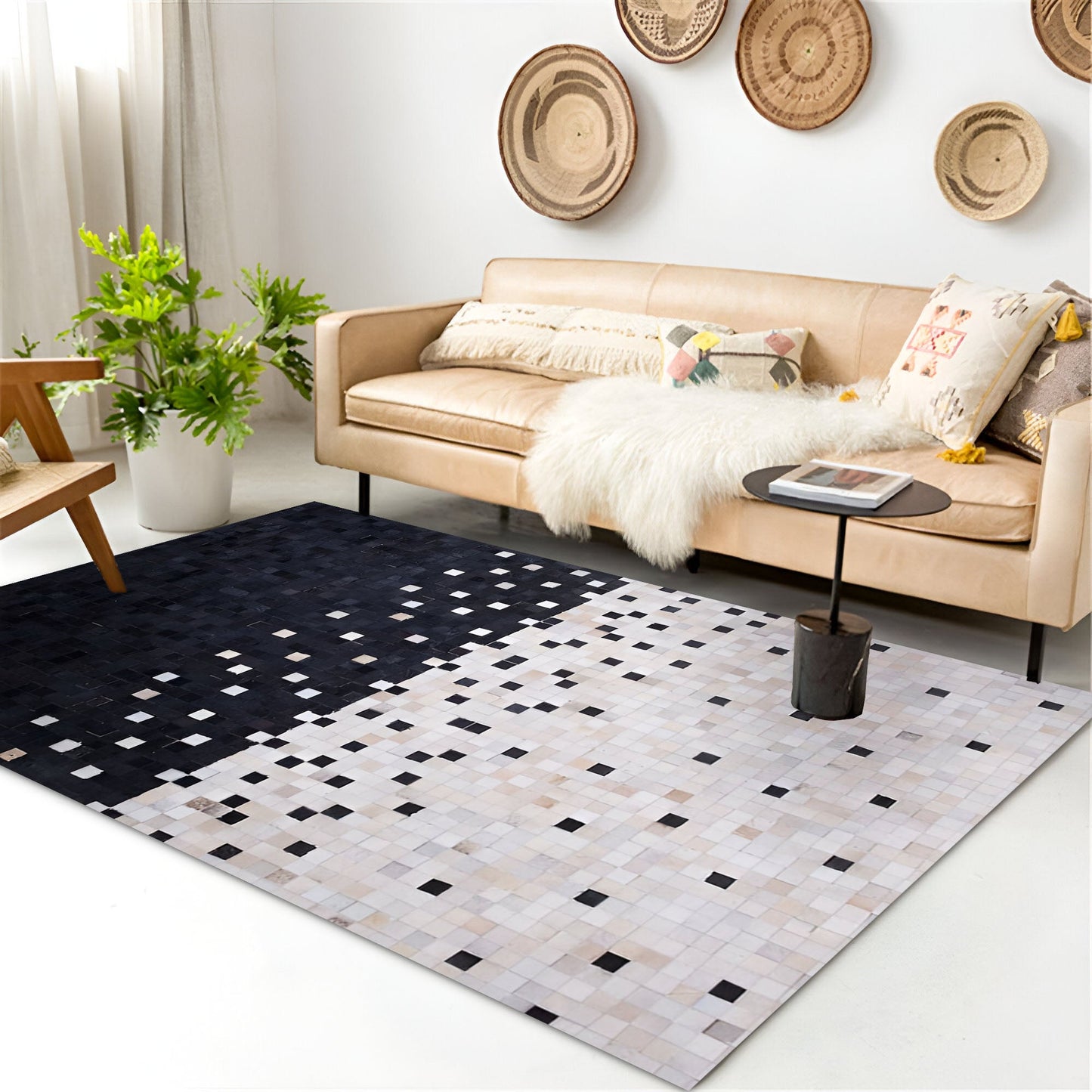 Unique White Black Cowhide Patchwork Rug, Handmade Cow Skin Area Carpet