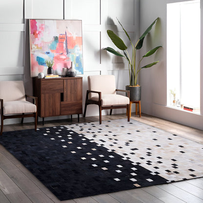 Unique White Black Cowhide Patchwork Rug, Handmade Cow Skin Area Carpet
