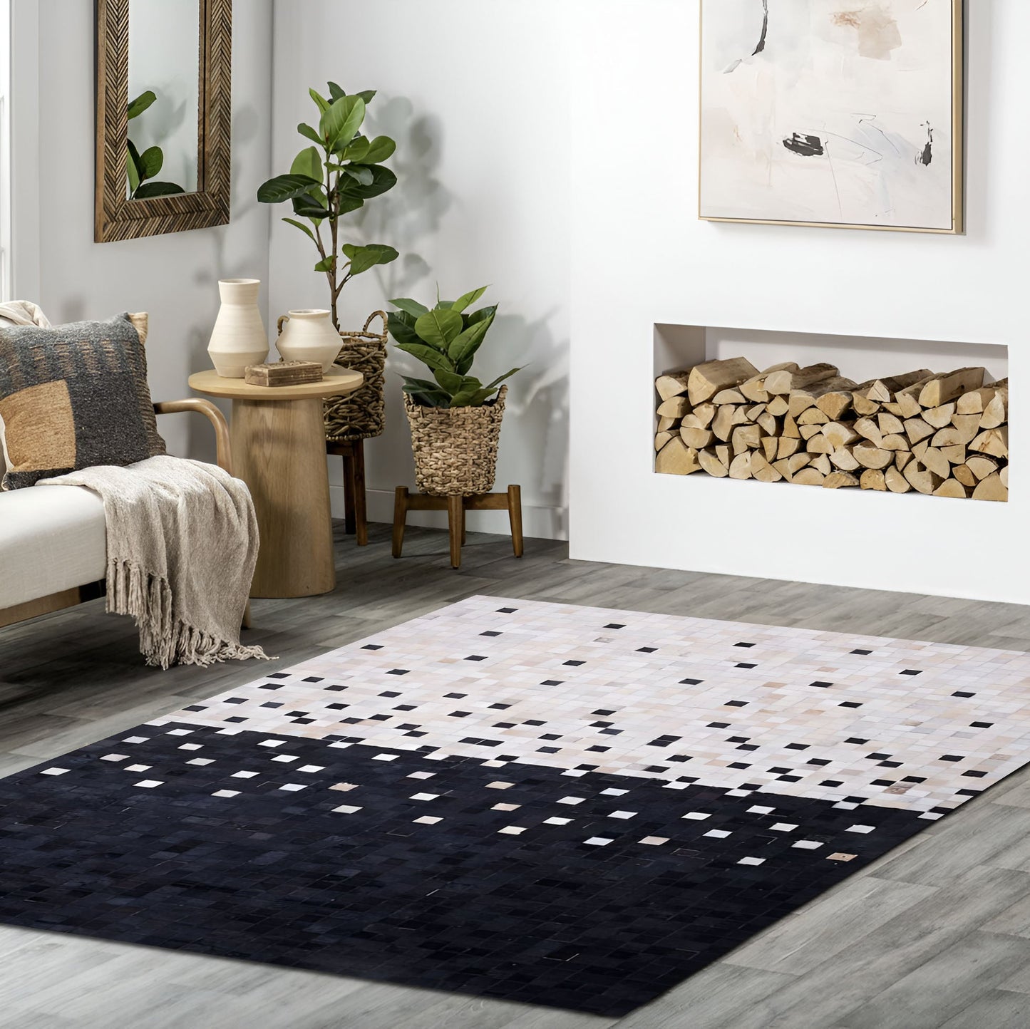 Unique White Black Cowhide Patchwork Rug, Handmade Cow Skin Area Carpet