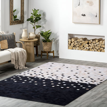 Unique White Black Cowhide Patchwork Rug, Handmade Cow Skin Area Carpet