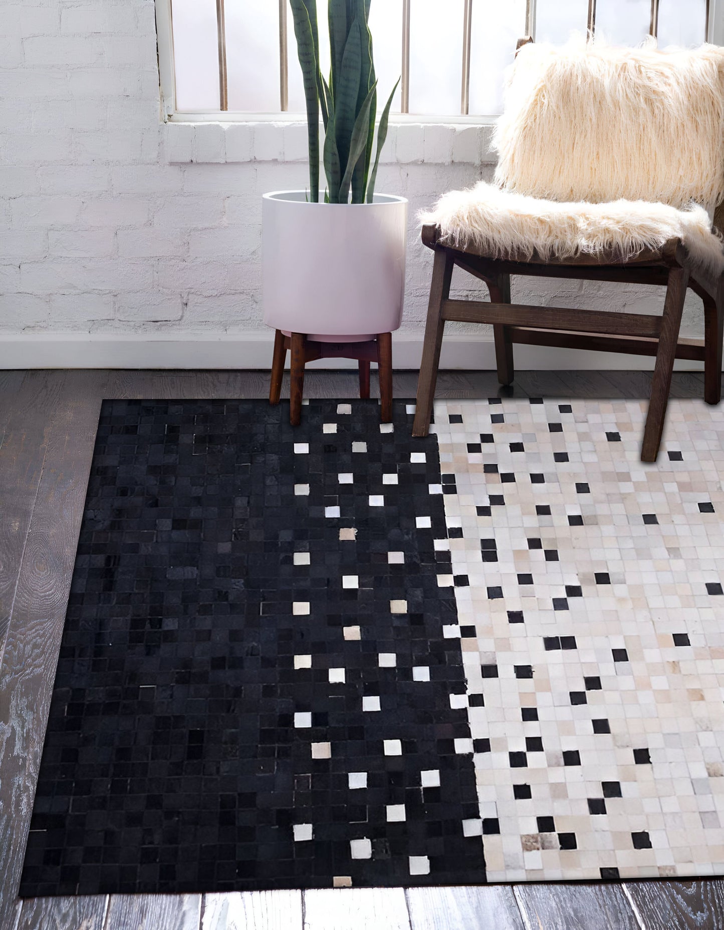 Unique White Black Cowhide Patchwork Rug, Handmade Cow Skin Area Carpet