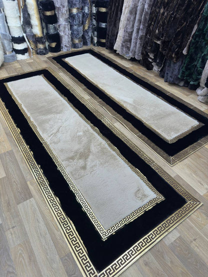 Handcrafted  Beige White  Runner Rug with Plush Faux Fur – Modern & Cozy Touch