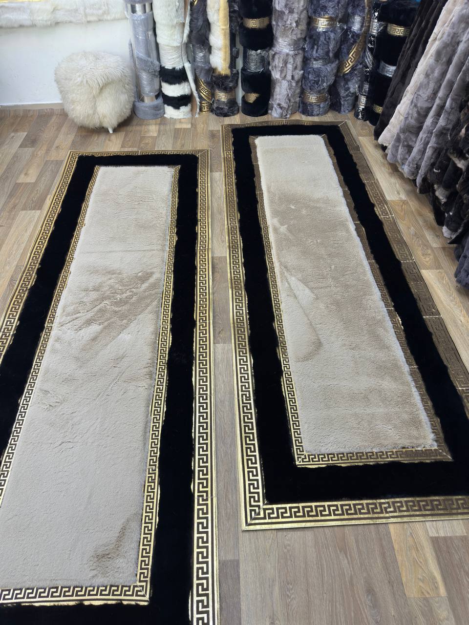 Handcrafted  Beige White  Runner Rug with Plush Faux Fur – Modern & Cozy Touch