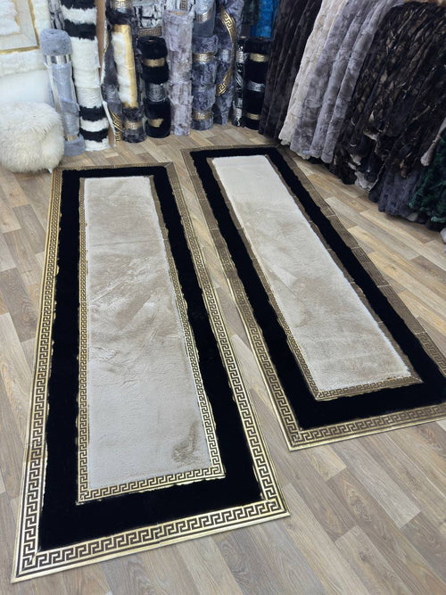 Handcrafted  Beige White  Runner Rug with Plush Faux Fur – Modern & Cozy Touch