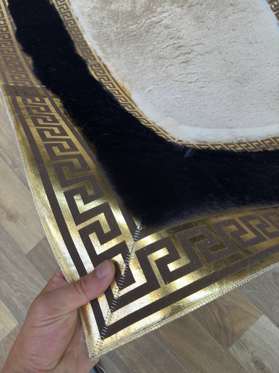 Handcrafted  Beige White  Runner Rug with Plush Faux Fur – Modern & Cozy Touch