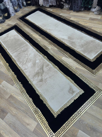 Handcrafted  Beige White  Runner Rug with Plush Faux Fur – Modern & Cozy Touch