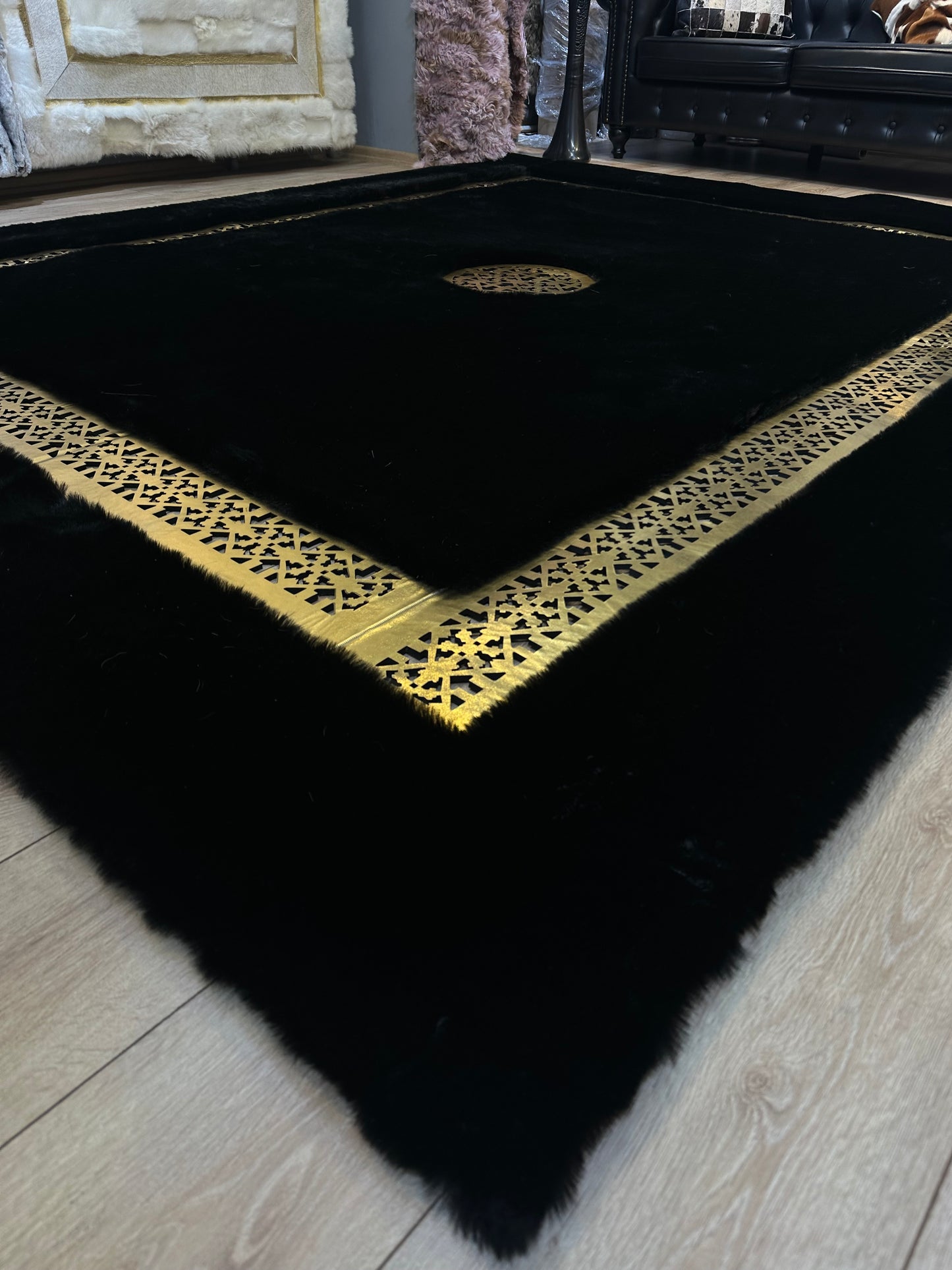 Unique Modern Handmade Black Gold Faux Fur Living Room Rug ,Fluffy Soft Rug