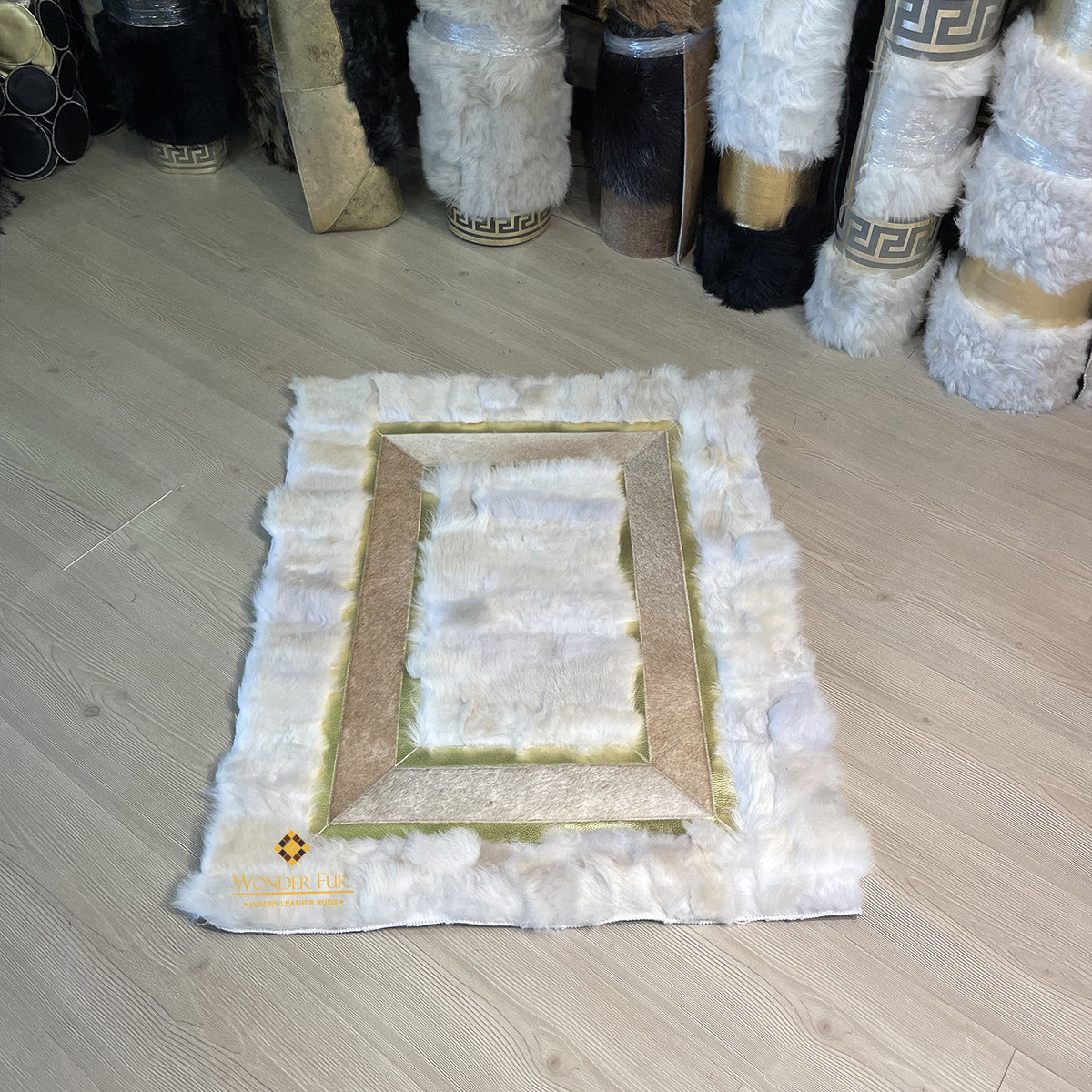 Natural White Sheepskin with Brown Cowhide Sides Area Rug,Handmade Rug
