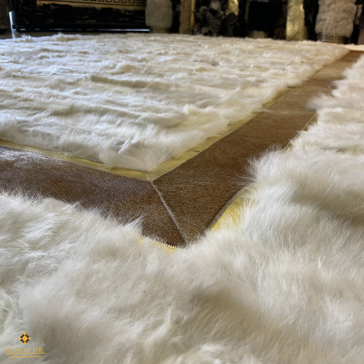 Natural White Sheepskin with Brown Cowhide Sides Area Rug,Handmade Rug