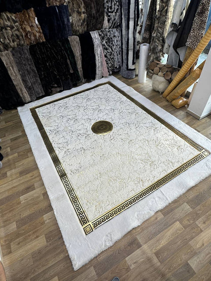 White and Gold Faux Fur Round Rug | Luxurious Soft Rug