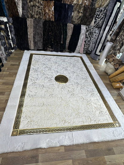 White and Gold Faux Fur Round Rug | Luxurious Soft Rug