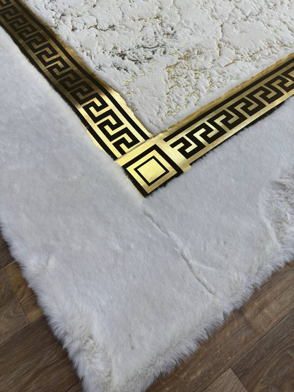 White and Gold Faux Fur Round Rug | Luxurious Soft Rug