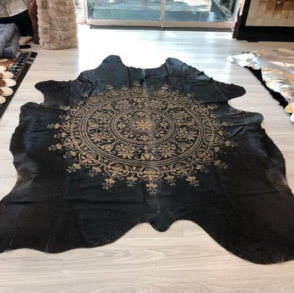 Laser Pattern Black Real Cowskin Decor Carpet, Natural Leather Handmade Rug