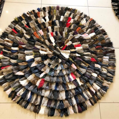 Unique Multicolor Natural Fox Fur Round Rug, Handmade Fluffy Soft Rug
