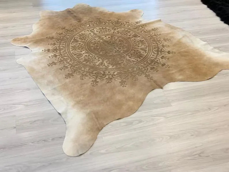Brown Cow Hide Natural Decor Rug for Living Room, Calfskin Laser Pattern Rug