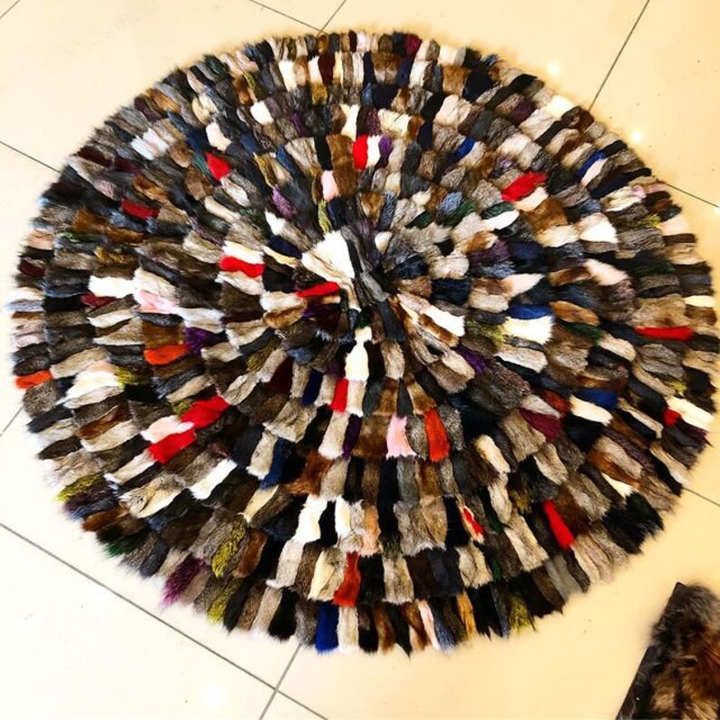 Unique Multicolor Natural Fox Fur Round Rug, Handmade Fluffy Soft Rug