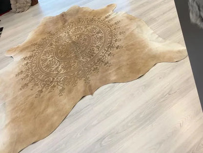 Brown Cow Hide Natural Decor Rug for Living Room, Calfskin Laser Pattern Rug
