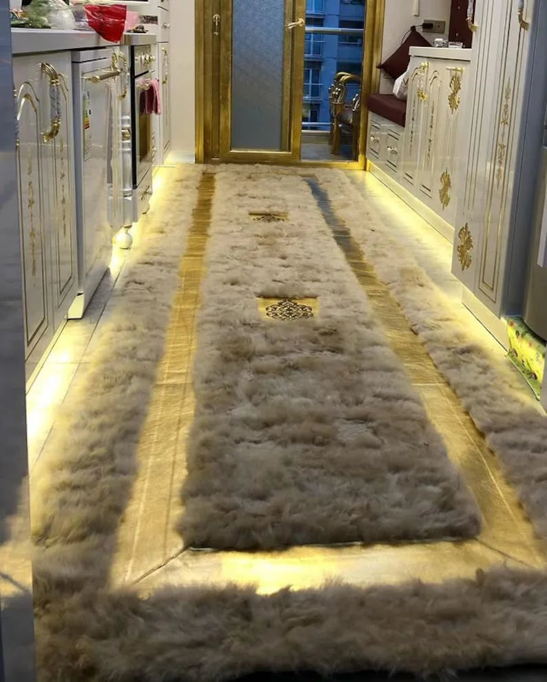 Ultra Soft Long Beige Natural Sheepskin Runner Rug, Handmade Elegance