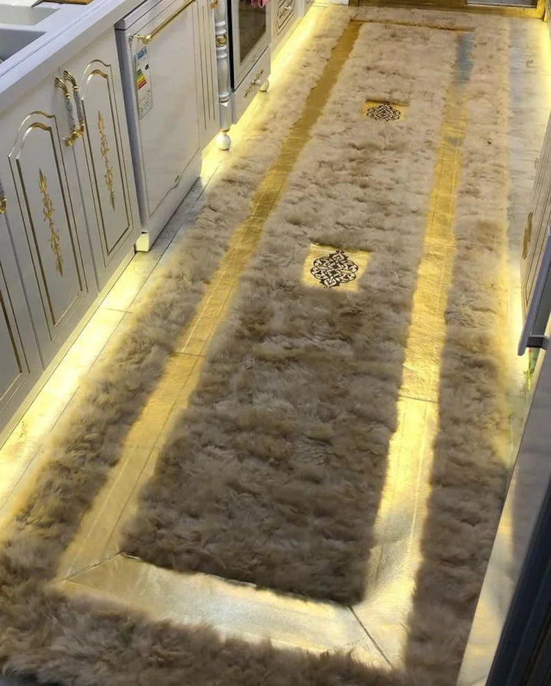 Ultra Soft Long Beige Natural Sheepskin Runner Rug, Handmade Elegance