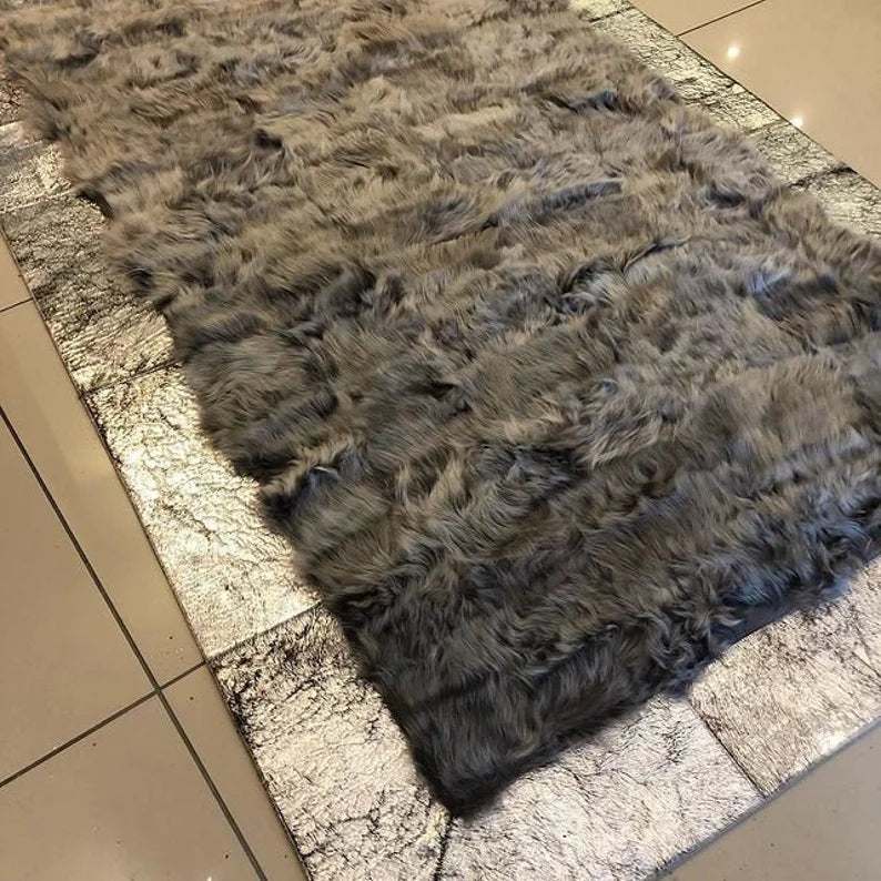 Gray Genuine Leather Sheepskin Area Rug, Handmade Ultra Soft Bedroom Rug