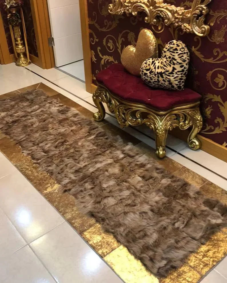 Brown Gold Genuine Sheepskin Area Rug, Handmade Soft Hallway Runner Rug