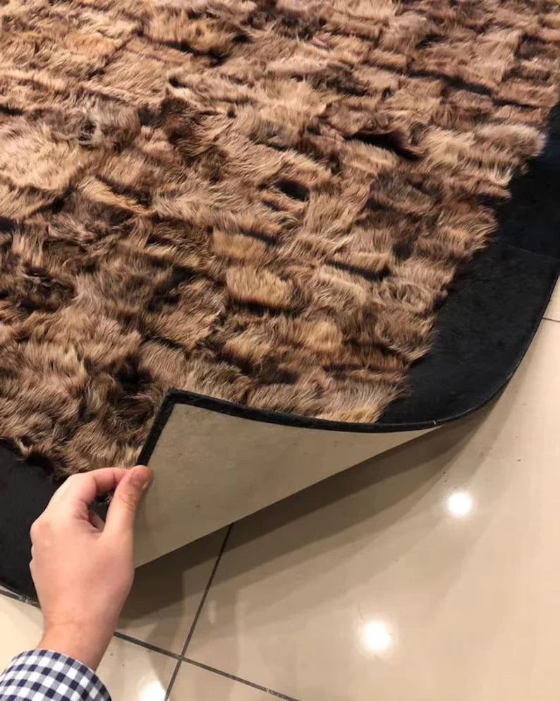 Brown Fluffy Natural Sheepskin Rug with Black Border, Handmade Fur Carpet