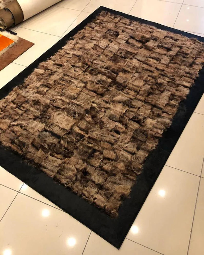 Brown Fluffy Natural Sheepskin Rug with Black Border, Handmade Fur Carpet